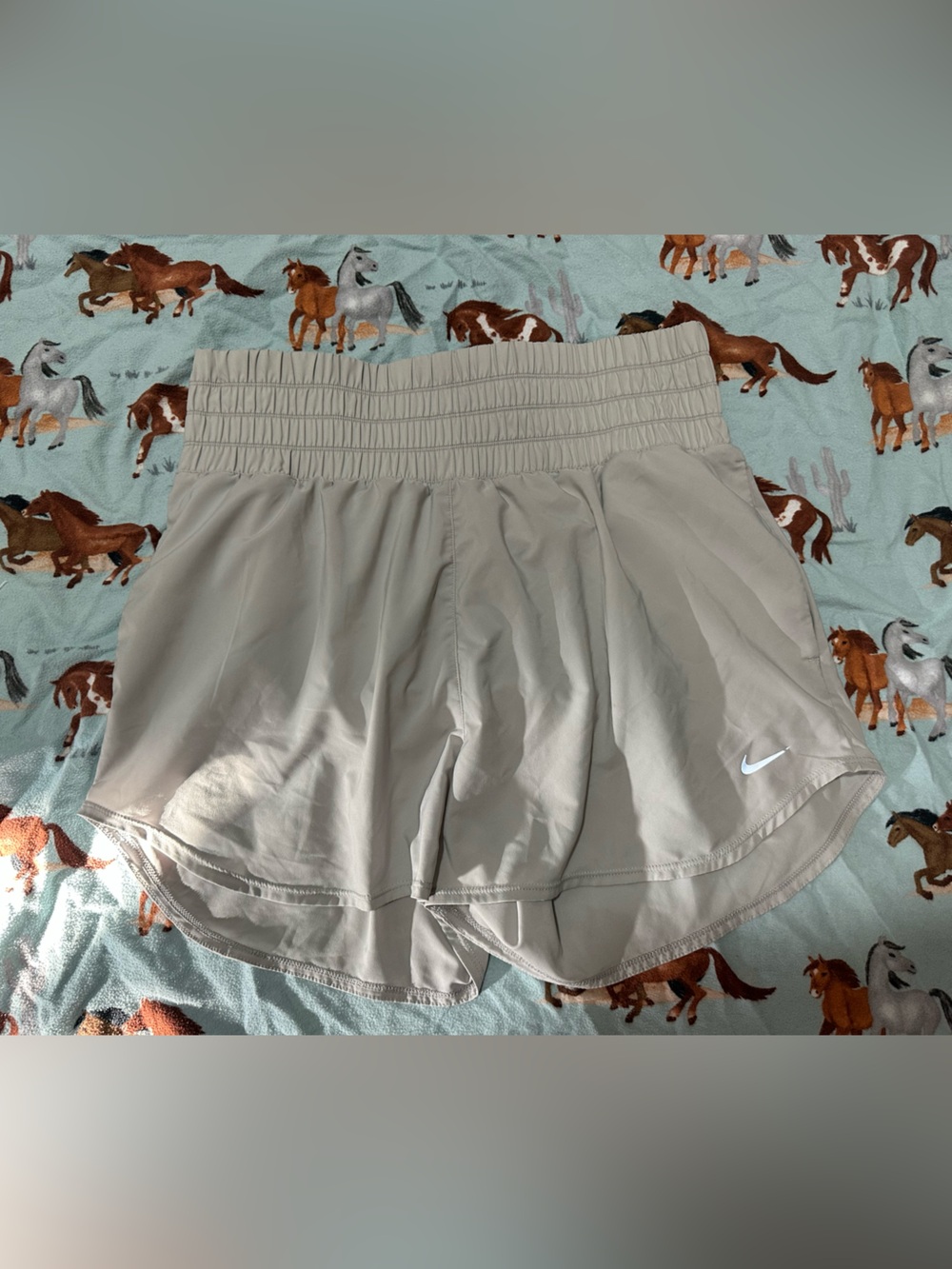 Nike Women's Beige Smocked-Waist Athletic Shorts